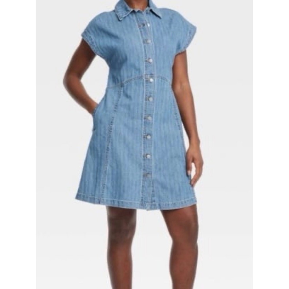 Universal Thread Womens Blue Denim Herringbone Button Front Cap Sleeve Dress L
